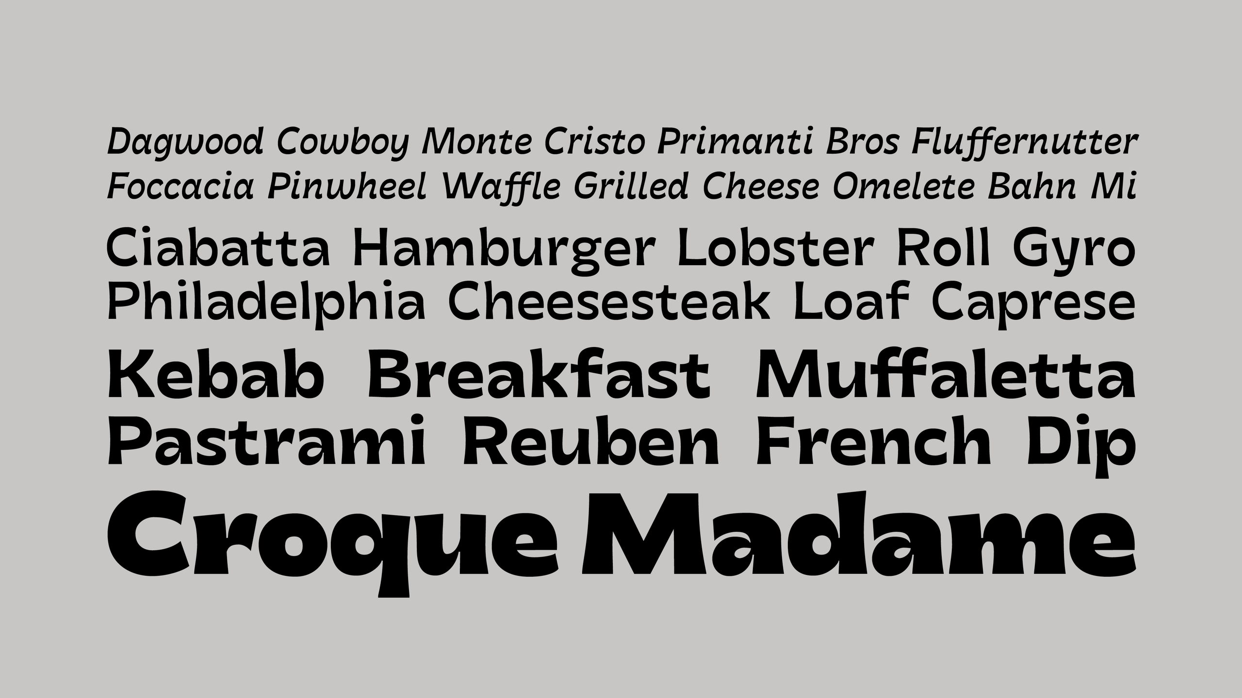 Text set in Sandwich Italic, Sandwich Regular, Sandwich Bold, Hoagie